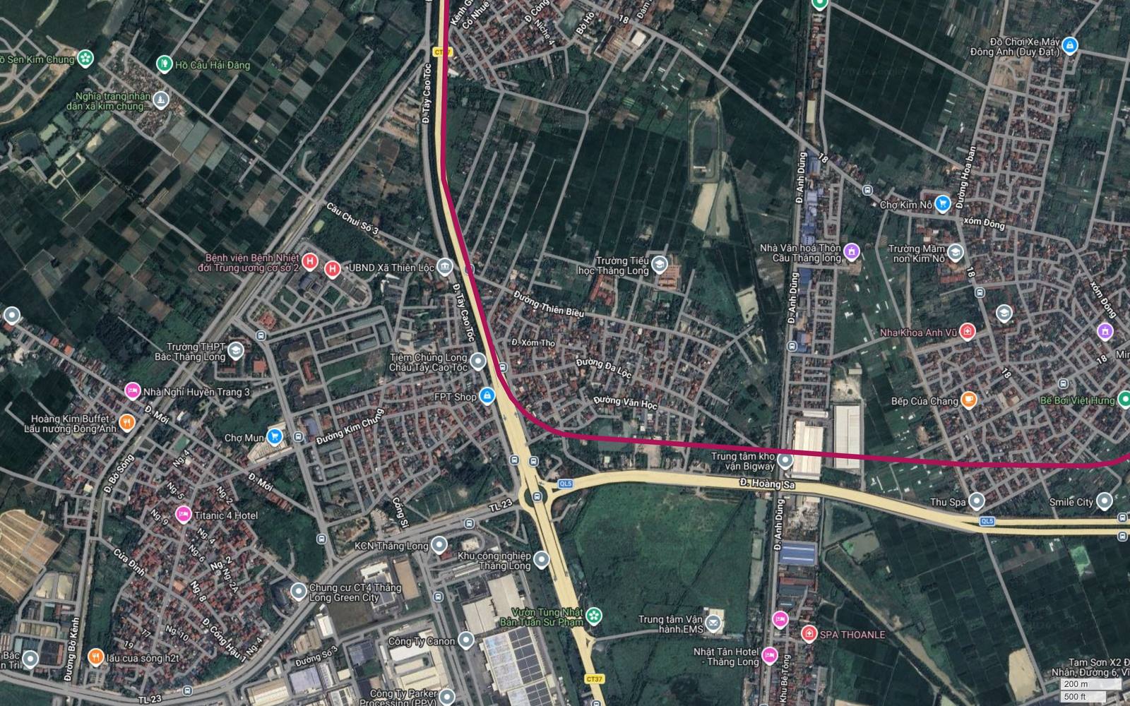 Hành lang metro số 18 bẻ sang đông để nhập thế song hành với trục Quốc lộ 5 đường Hoàng Sa, phía nam là Khu công nghiệp Thăng Long