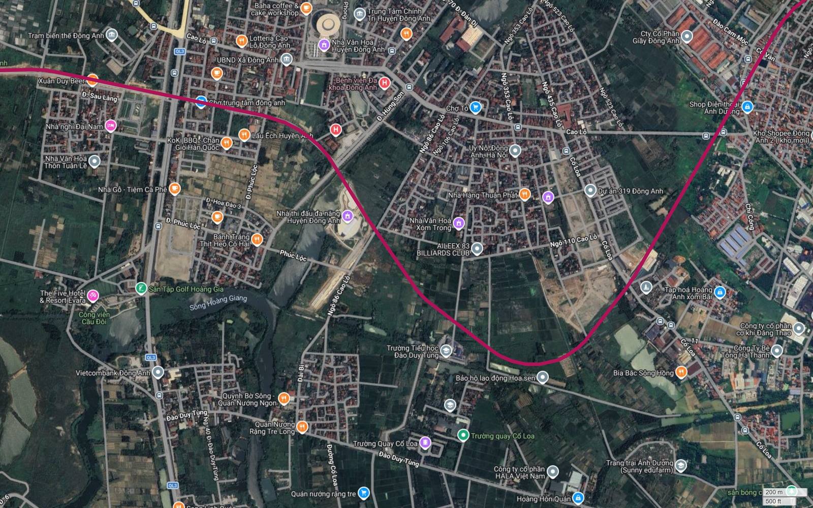 Vòng cung Uy Nỗ của tuyến metro số 18 vòng xuống vùng ruộng phía nam thị trấn Đông Anh thay vì cắt thẳng qua lõi